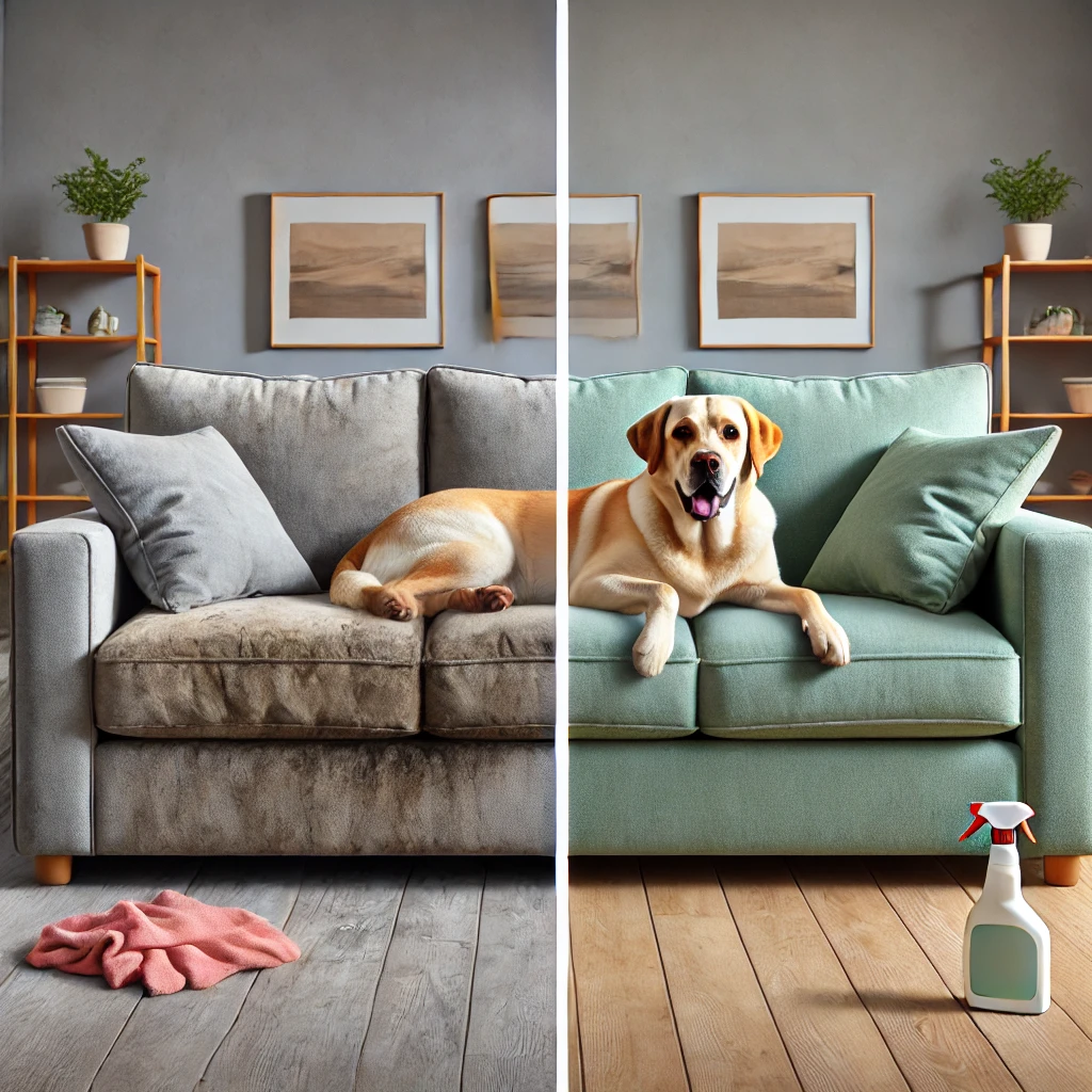 DALL·E 2024-11-24 19.22.52 - A split-screen image showing the transformation of a sofa from a slightly zoomed-out perspective. On the left side, the sofa appears dirty and stained